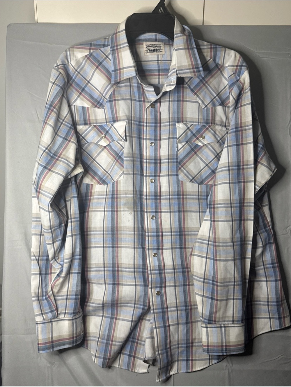 Levis Men Xl Vintage Western Long Sleeve Pearl Snap White Plaid Shirt White Tab